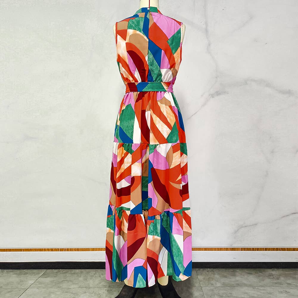 STAND COLLAR PRINT BOHO HOLIDAY SLEEVELESS DRESS