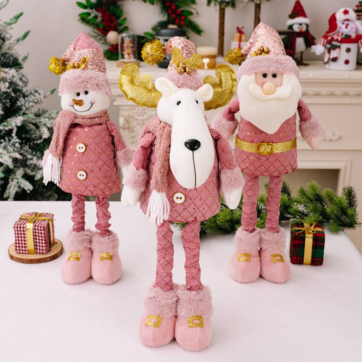 CWMM2995_PINK SANTA DOLL RETRACTABLE ELK DECORATION