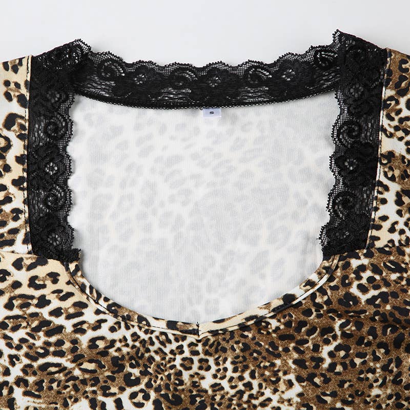 SQUARE COLLAR LEOPARD PRINT LACE LONG SLEEVE TOP