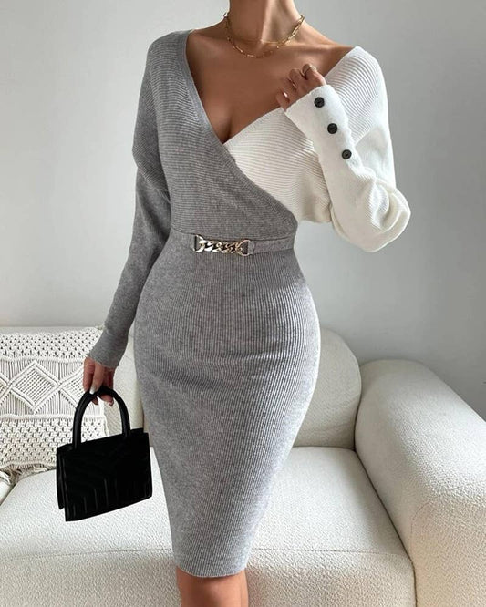 LONG SLEEVE V-NECK PATCHWORK MID-LENGTH DRESS