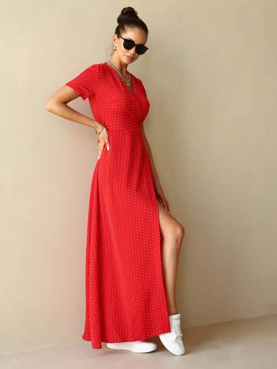 V-neck lace-up slim polka dot casual long dress