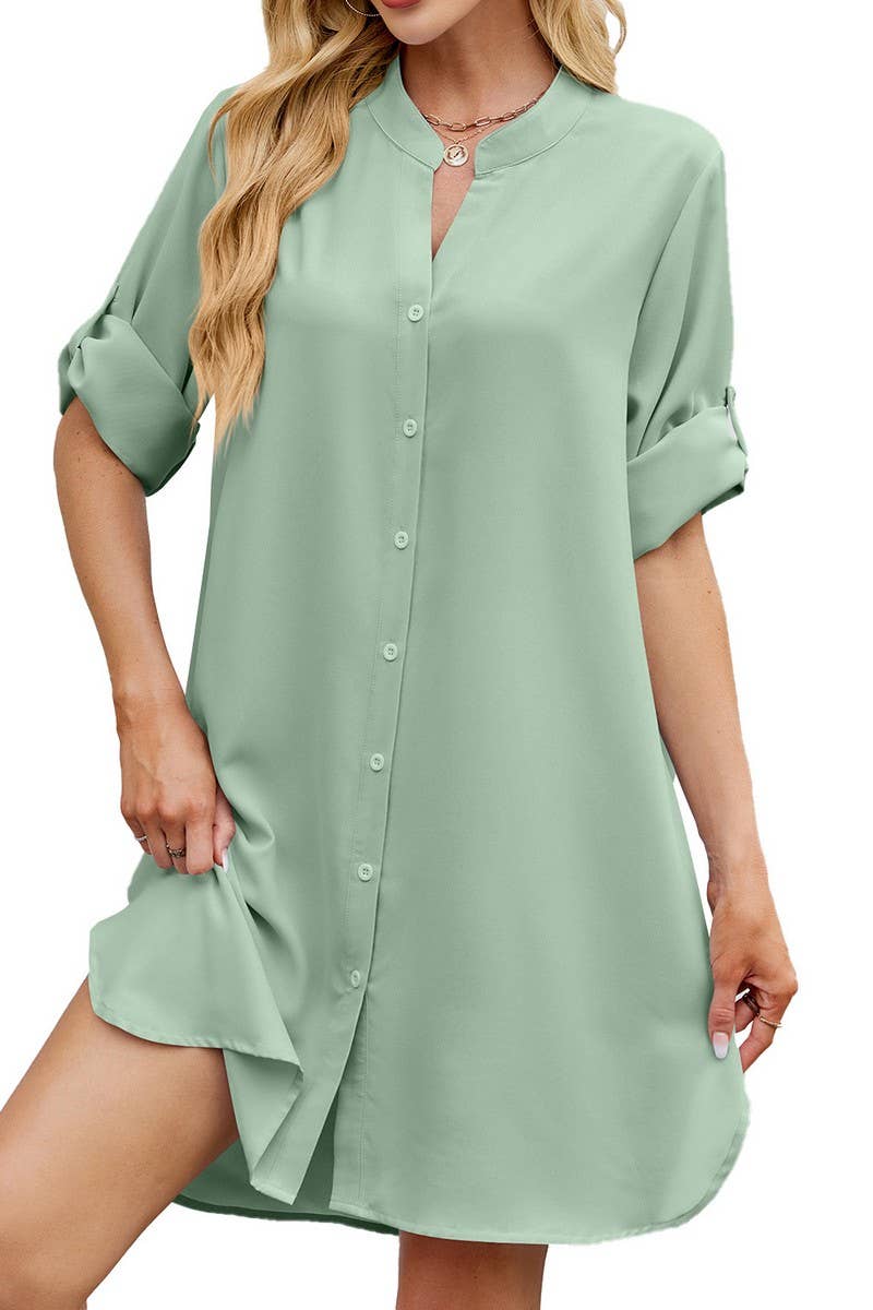 CWDSD7420_SUMMER LOOSE MID SLEEVE BUTTON SHIRT DRESS