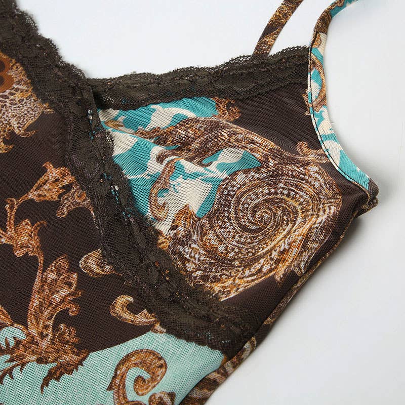 V-neck Slim Vintage print Lace Halter top