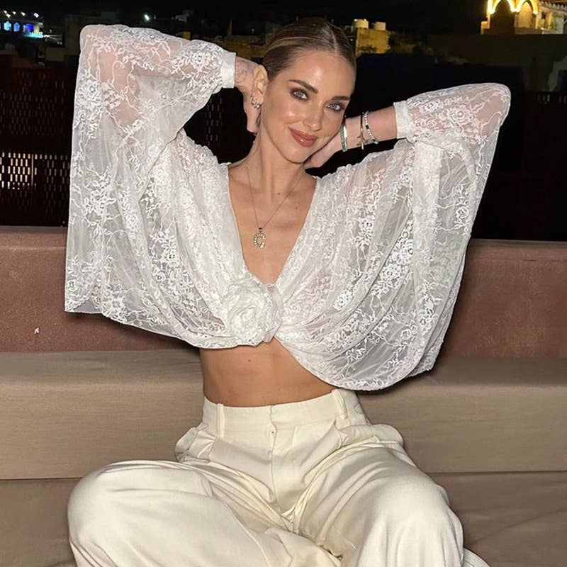 Sexy fashionable lace jacquard sheer top