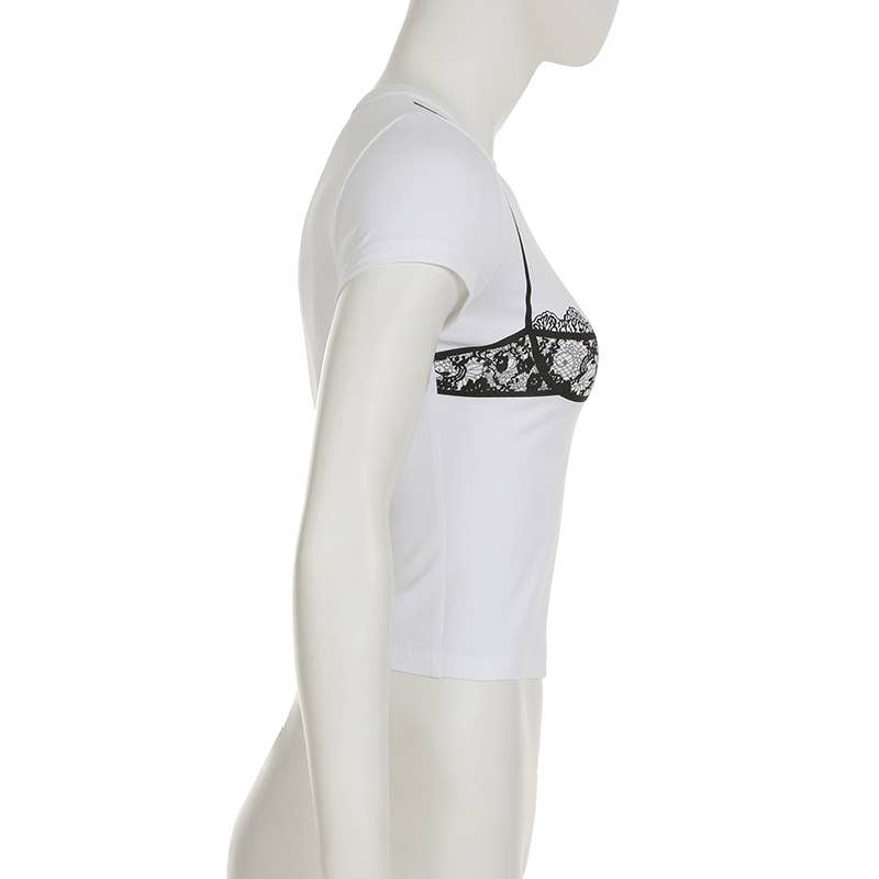 Lace underwear print base crew neck T-shirt