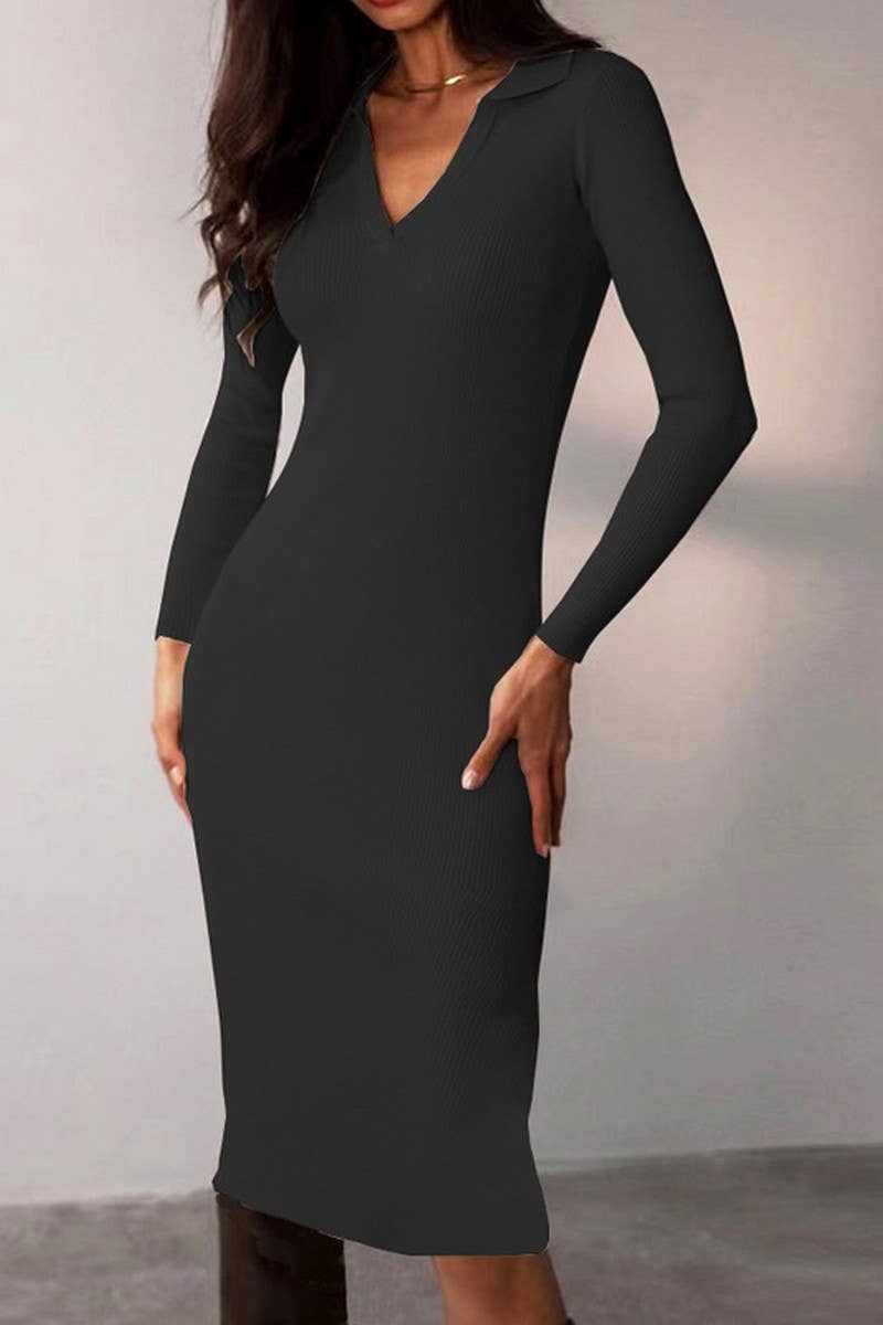 CWDMD4901_SOLID COLOR DEEP V LAPEL SLIM DRESS