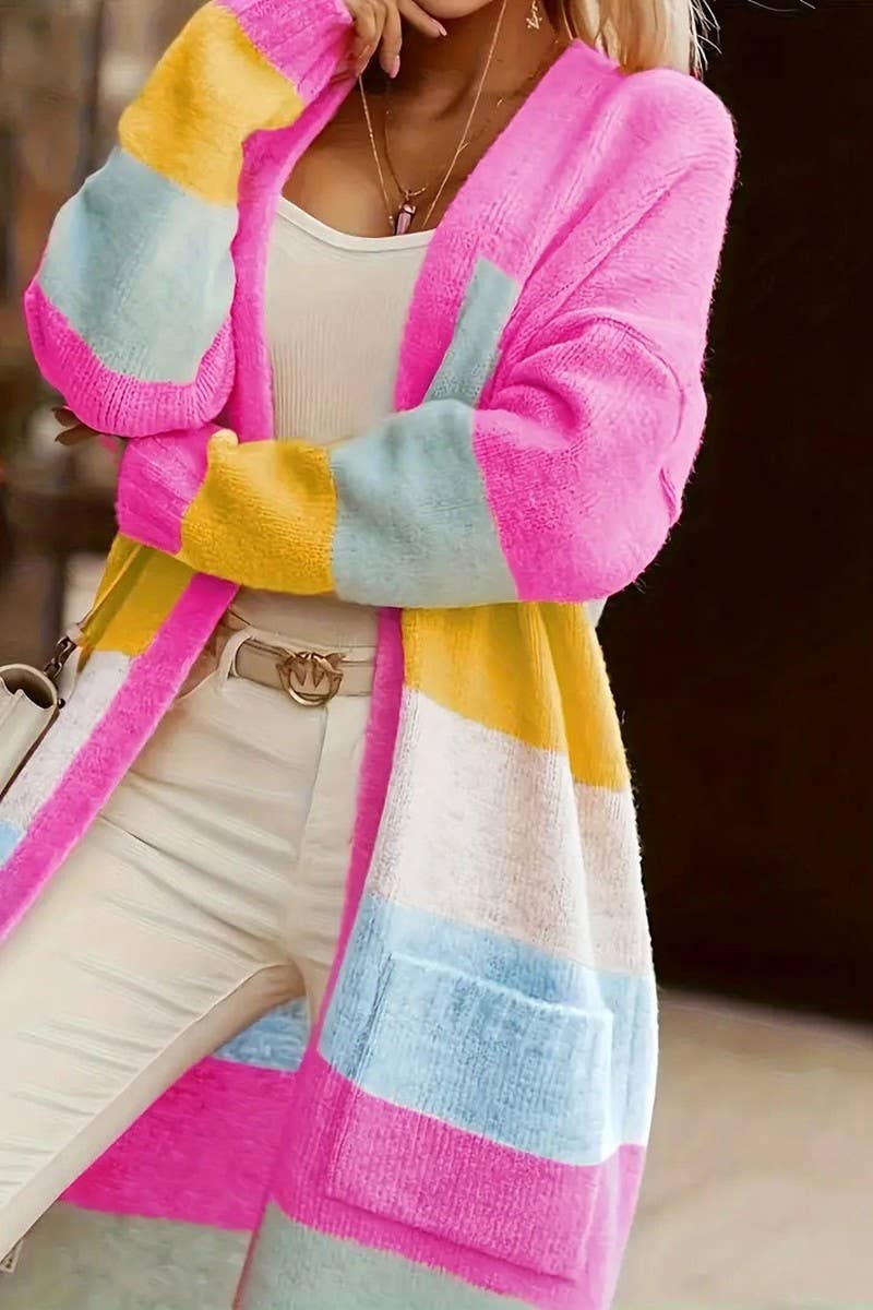 CWOCAL00717_COLORBLOCK RAINBOW STRIPE LONG KNIT CARDIGAN
