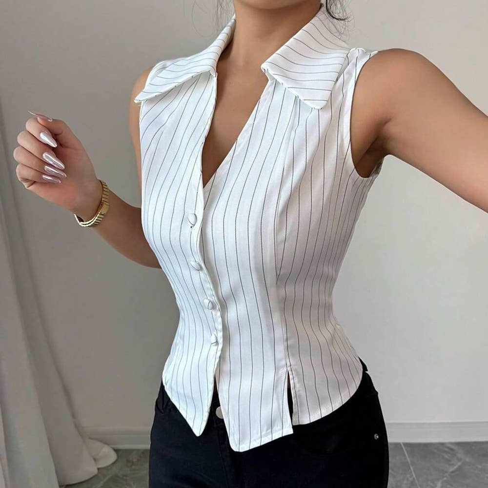 Sleeveless, form-fitting, navel exposed V shirt