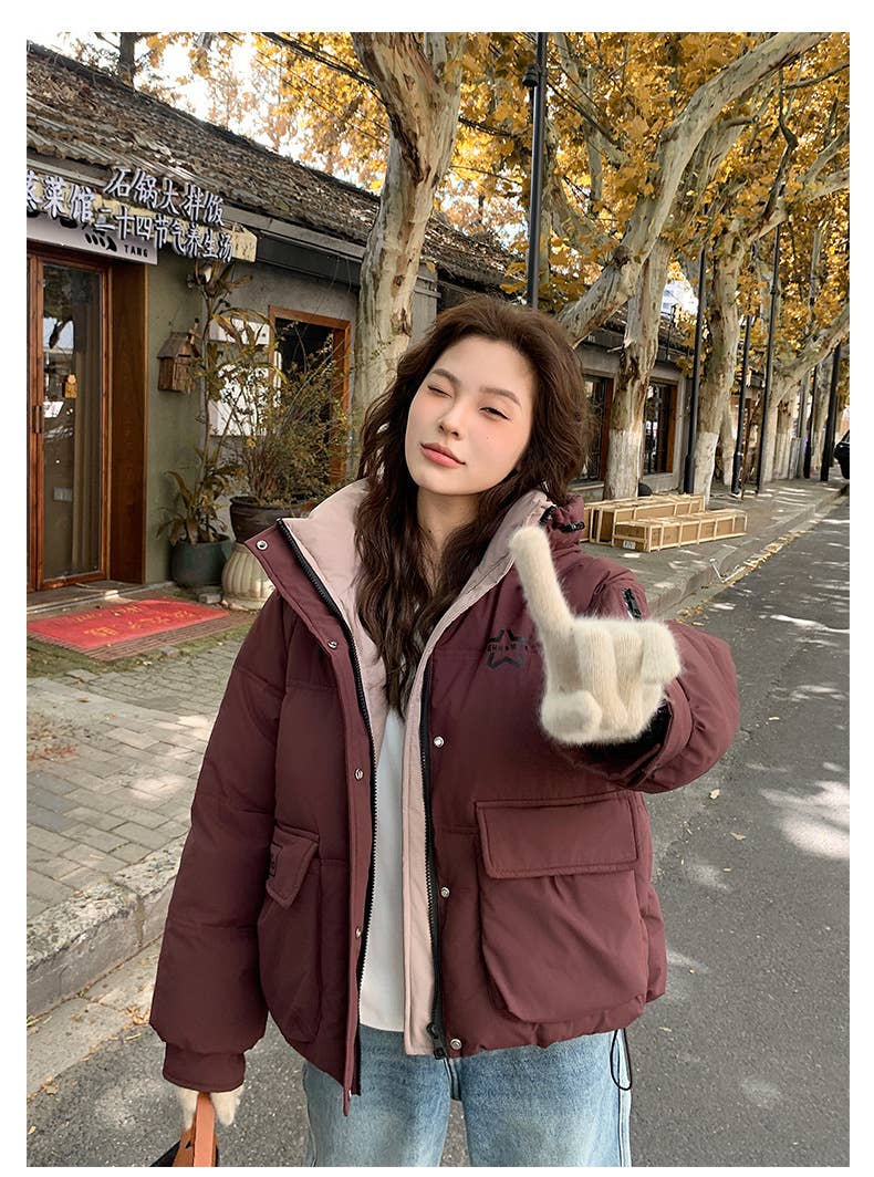 Solid color hooded warm winter padded jacket