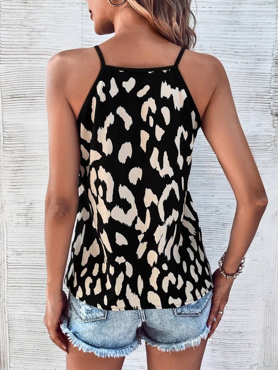 V-NECK LEOPARD PRINT SPLICING SUSPENDERS