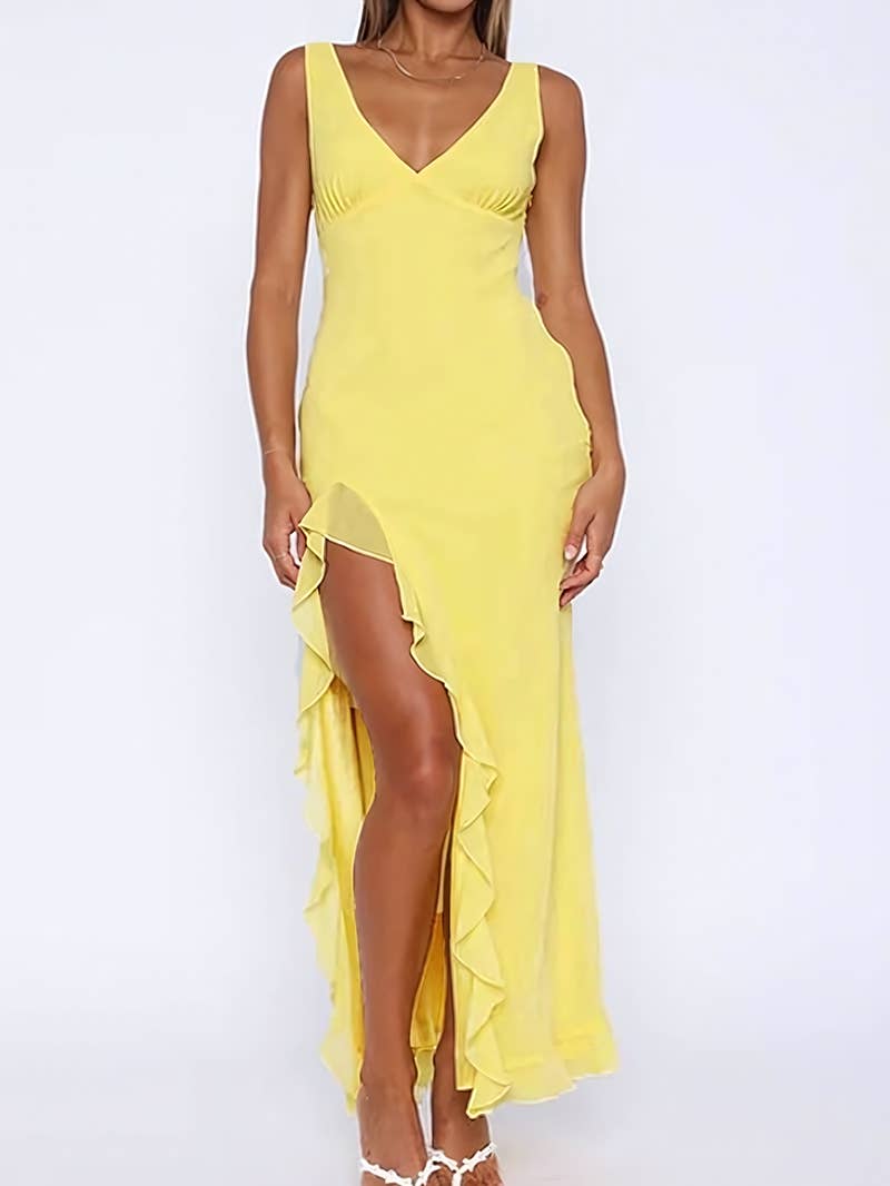 Slit V-neck black ear-trimmed backless dress