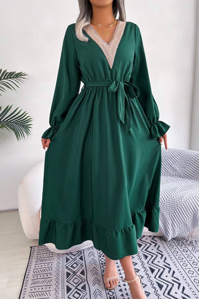 CWDMD4716_TEMPERAMENT V-NECK LACE WAIST RUFFLED LONG SKIRT