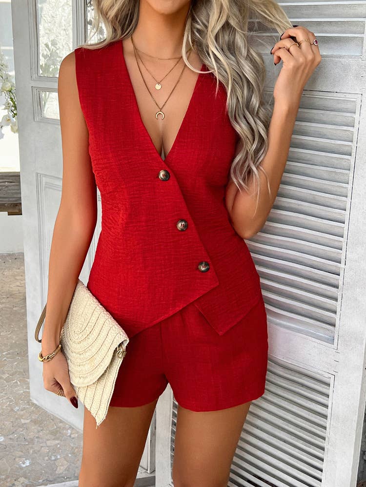 Solid color button-up cardigan vest pant suit