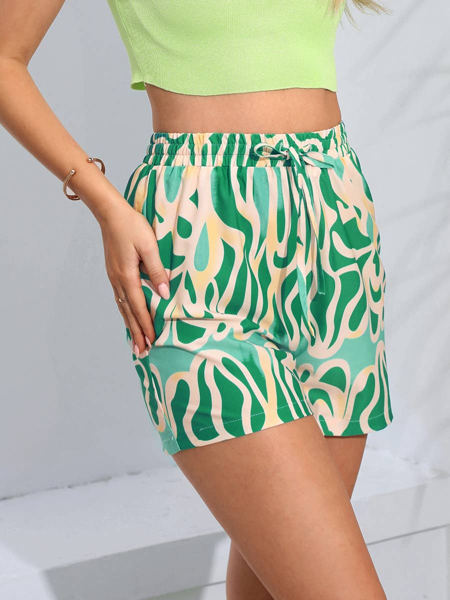 Printed elastic-waist lace-up casual shorts