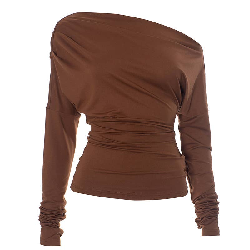 SOLID COLOR SLANT NECK OFF-THE-SHOULDER TOP