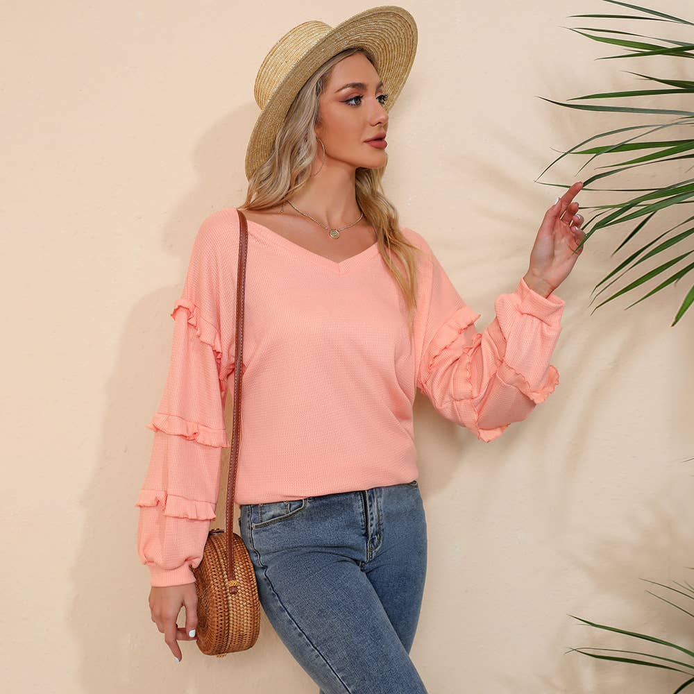 V-NECK RUFFLED LANTERN SLEEVE T-SHIRT