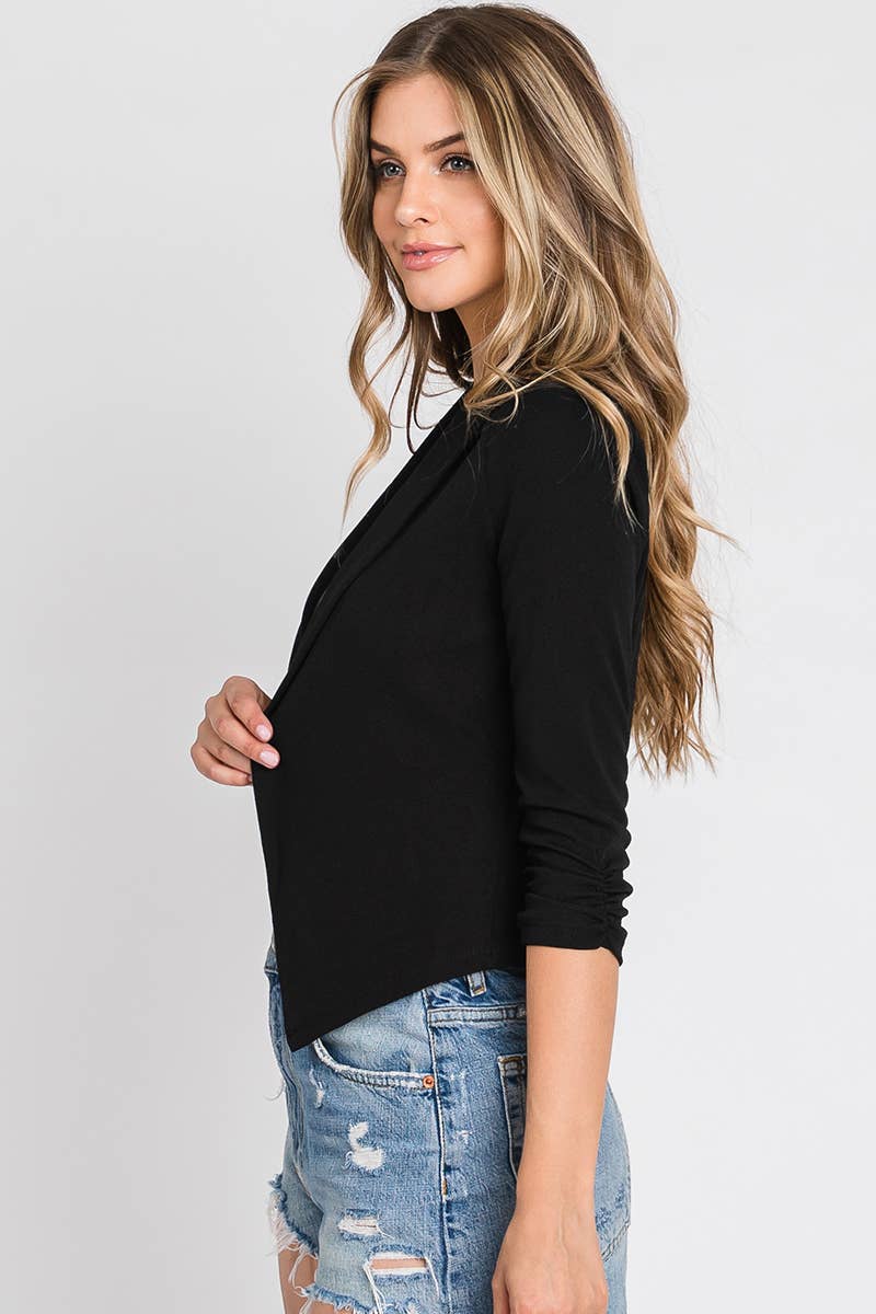 CWOBL108_PLUS SHAWL COLLAR SHORT BLAZER WITH SHIRRING SLEEVE