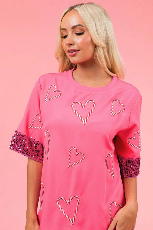 Cwtbls1464_Crew Neck Printed Sequin Short Sleeve Top