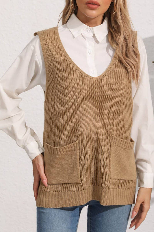 CWOSWL07395_WOMEN¡¯S V NECK KNIT VEST WITH POCKETS