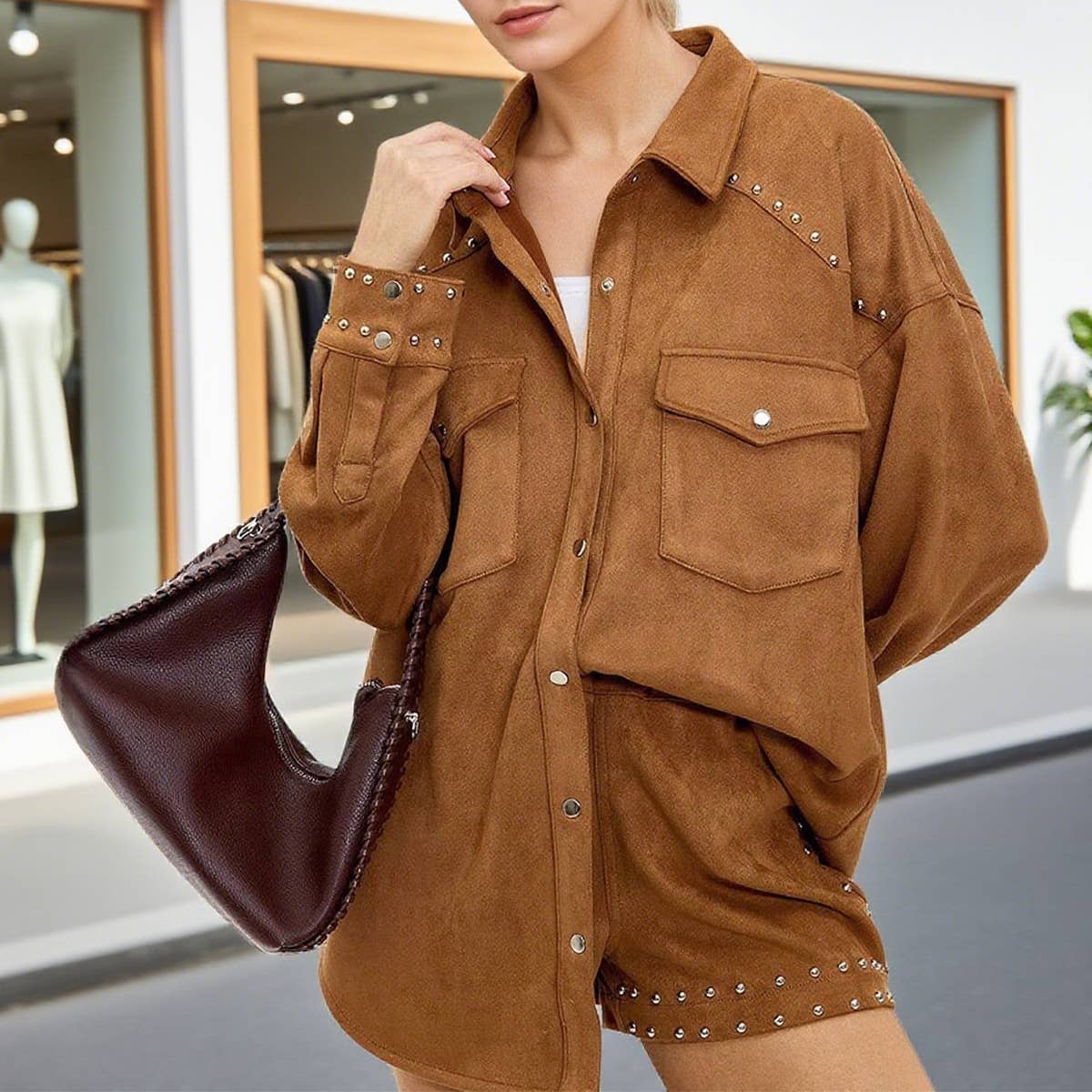 Lapel stylish multi-studded design loose shirt