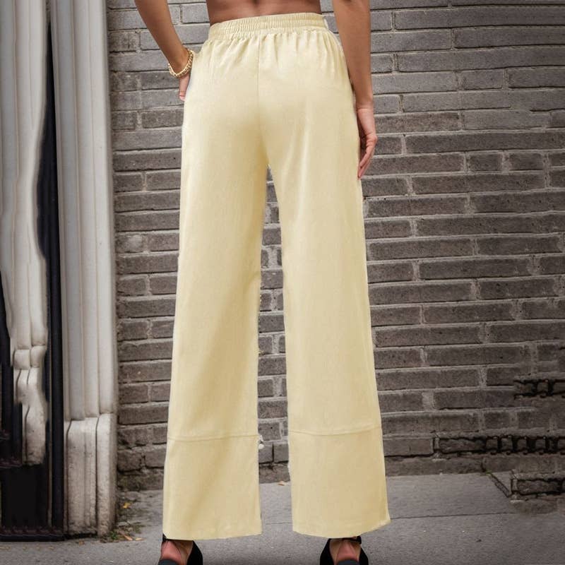 SOLID COLOR ELASTIC HIGH-WAISTED BUTTON-UP SLACKS