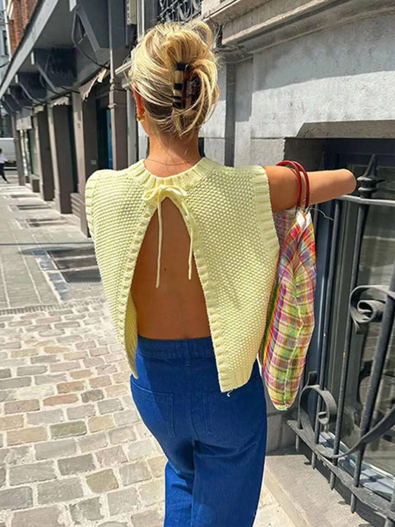 Knitted backless solid-color drawstring vest