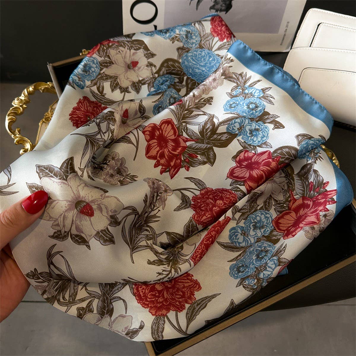 Lotus & Peony Print Satin Square Scarf for Summer