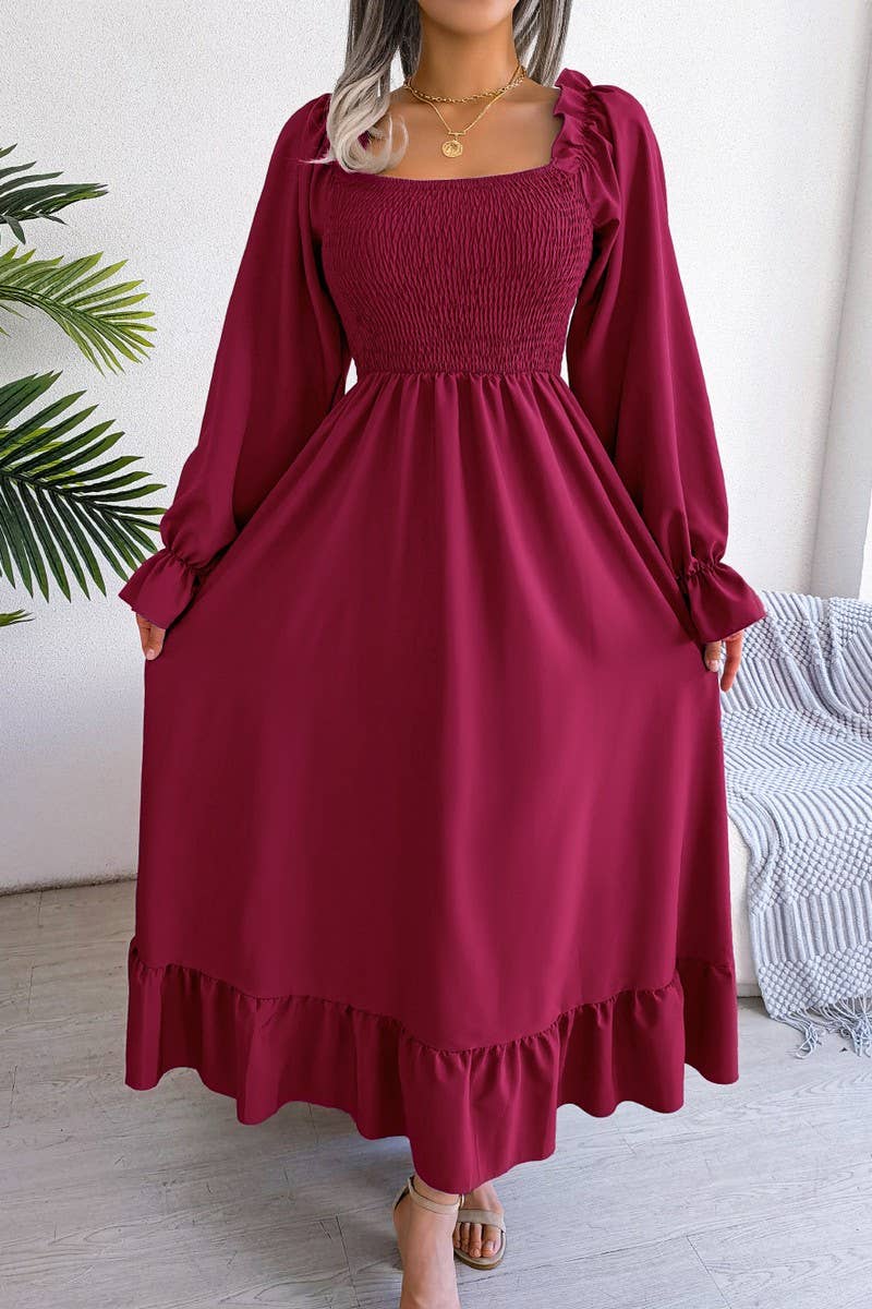 SQUARE NECK LARGE SWING FLOUNCES LONG DRESS_CWDMD1165