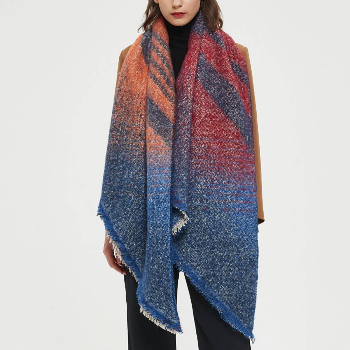 Striped Fuzzy Shawl - Thick Winter Wrap for Women_CWASC0120