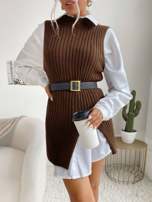 SLIT MID-LENGTH VINTAGE VEST KNIT SWEATER