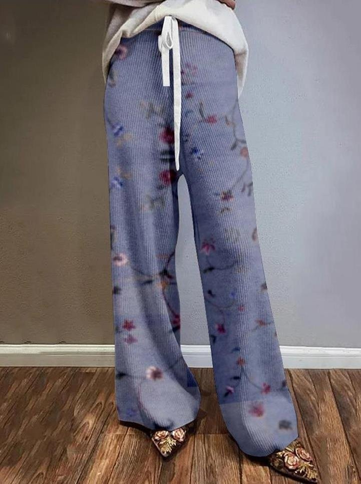 PLANT-FLOWER PRINTED CASUAL WIDE-LEG KNIT PANTS