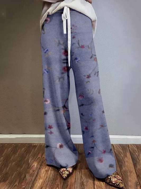 PLANT-FLOWER PRINTED CASUAL WIDE-LEG KNIT PANTS