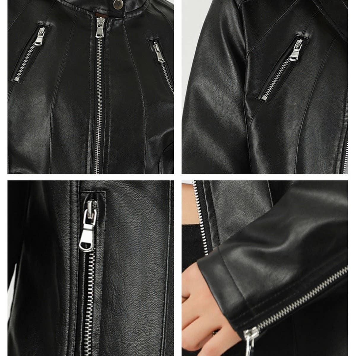 Slim Fit Stand Collar Faux Leather Jacket Women_CWMM9025