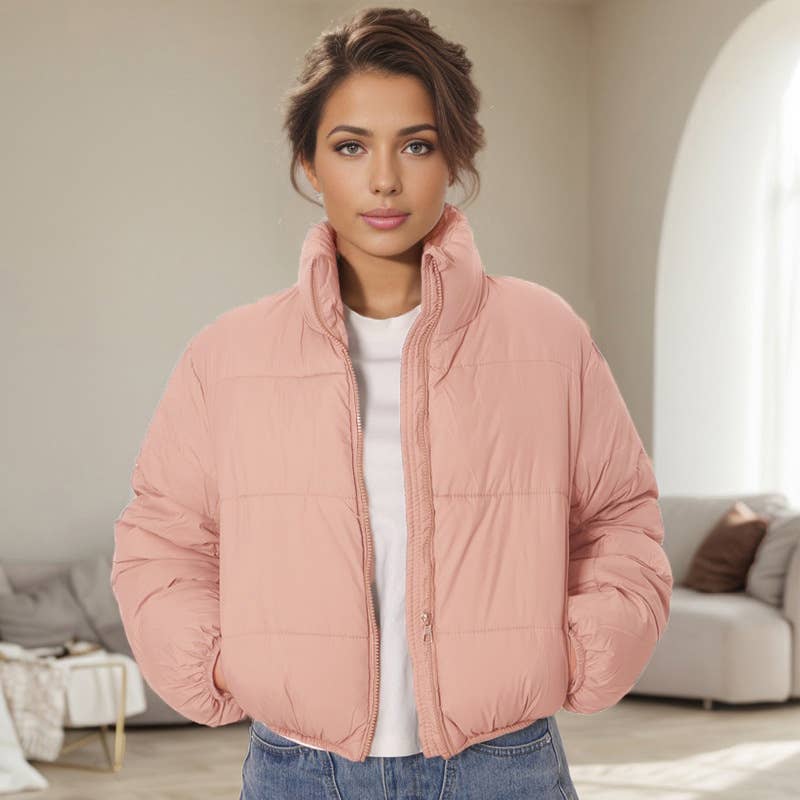 SOLID COLOR STANDING COLLAR WARM SHORT JACKET