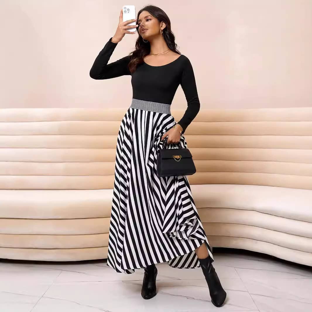 Long-sleeved, striped, sexy slim-fitting dress