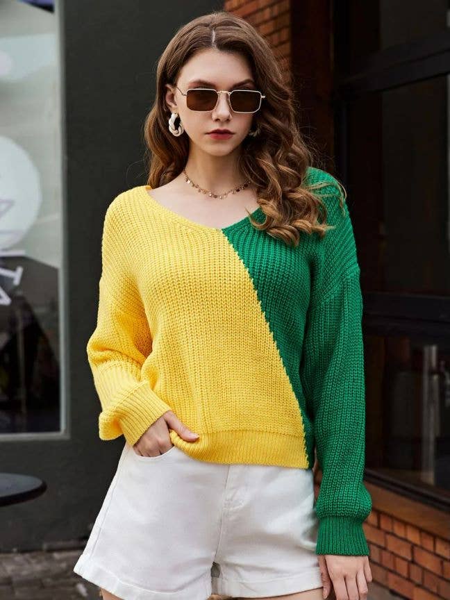 LONG SLEEVE COLOR CONTRAST V-NECK SWEATER