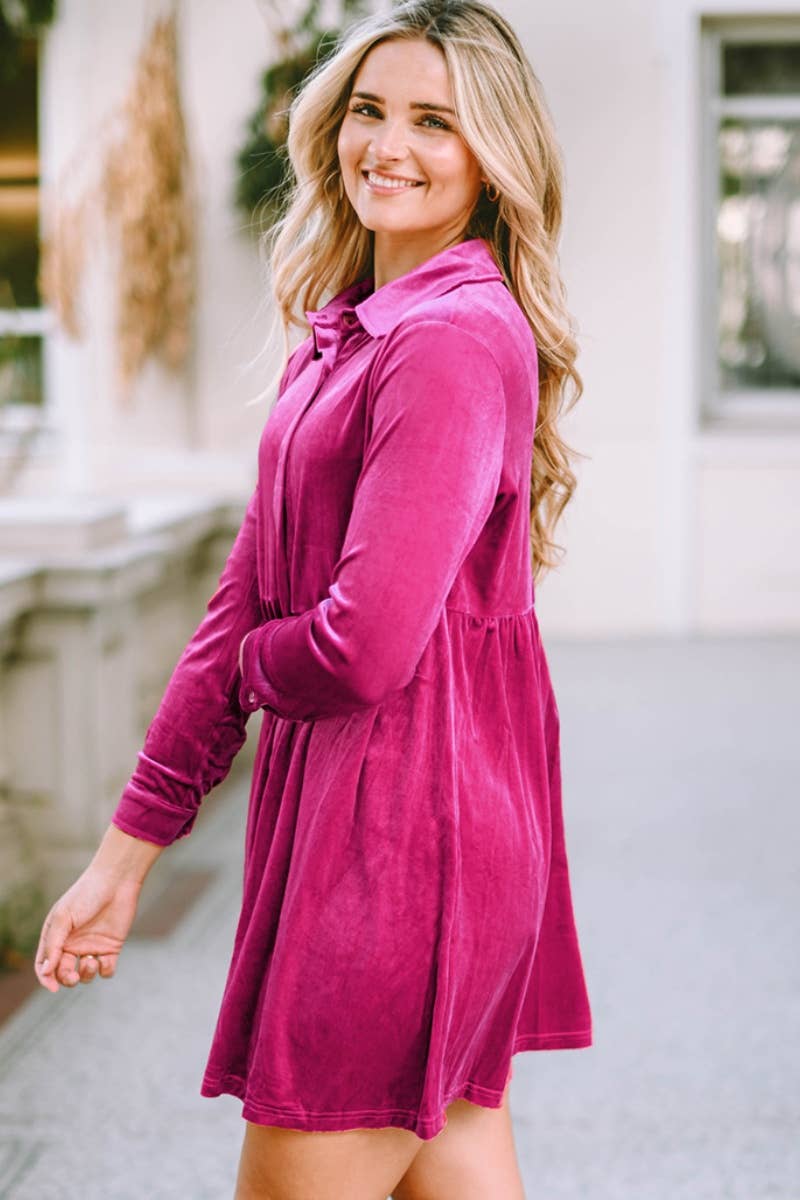 CWDSD6622_VELVET HIGH-WAISTED LONG-SLEEVED SHIRT DRESS