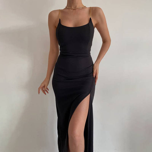 SEXY HIGH SLIT SLIM CHAIN HALTER DRESS