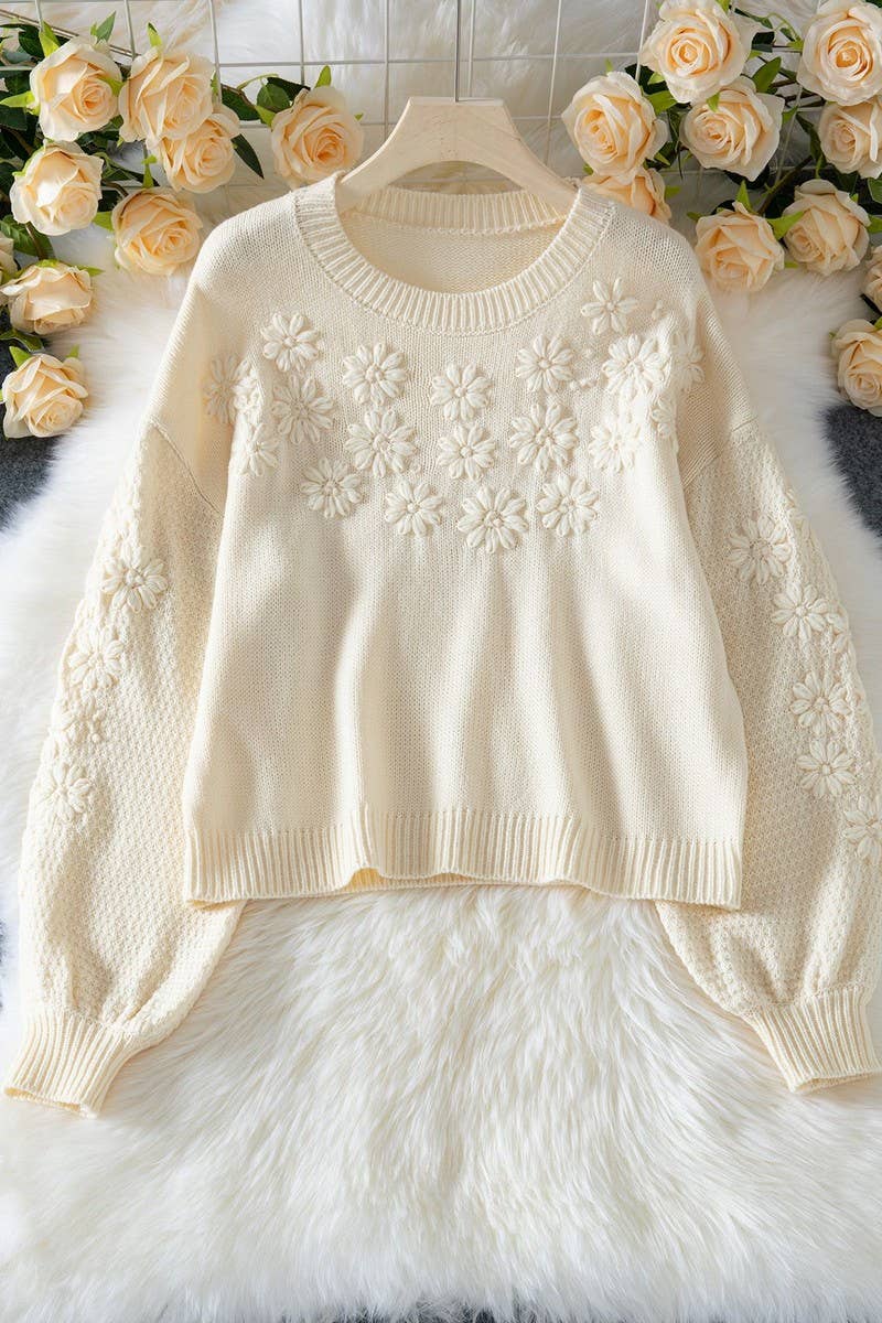 CWOSWL07056_EMBROIDERED 3D DAISY LOOSE KNIT SWEATER