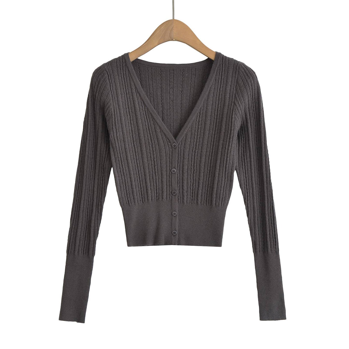 Solid-color V-neck long-sleeved knitted sweater