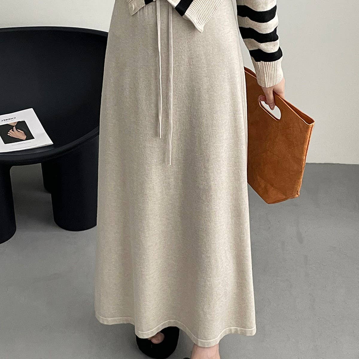 Solid color all-in-one drawstring knit A-line skirt