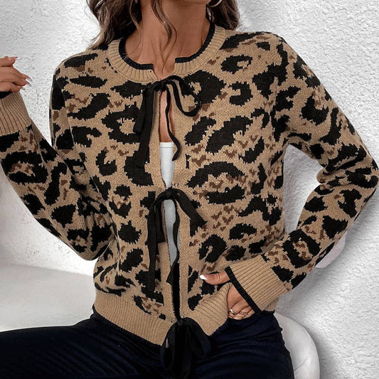 Leopard print bow strap knit cardigan jacket