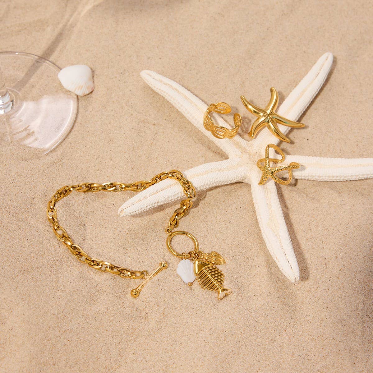 Fishbone Shell Charm Bracelet, 18K Gold Steel