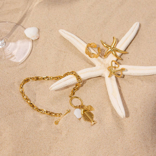 Fishbone Shell Charm Bracelet, 18K Gold Steel