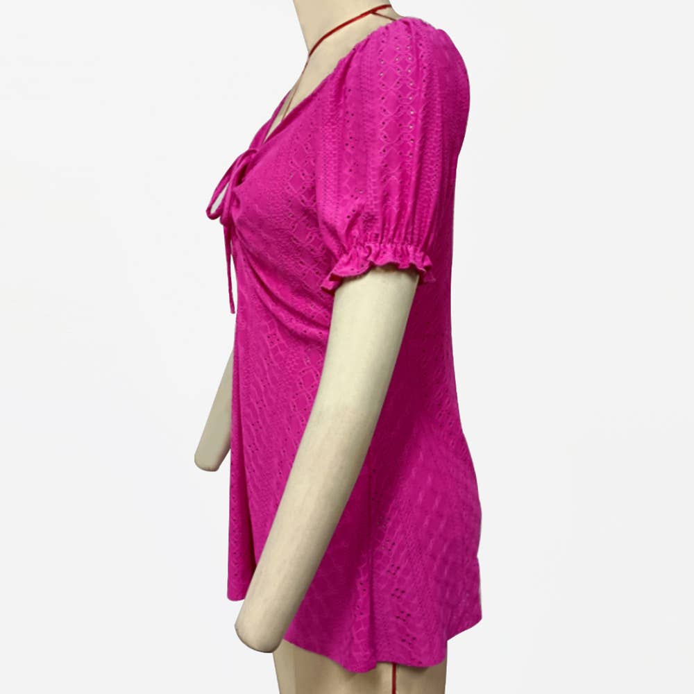 Solid color drawstring V-neck casual T-shirt