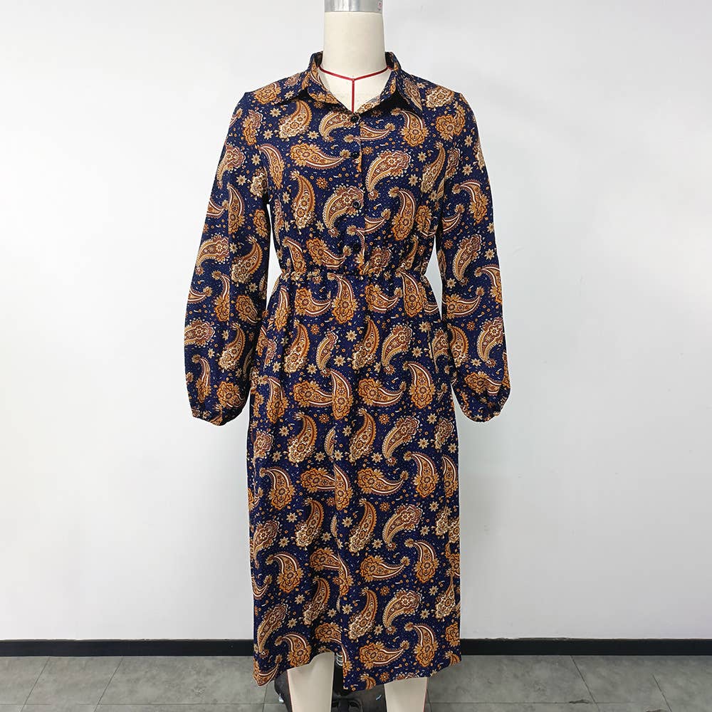 PRINTED A-LINE LONG SLEEVE FLORAL SHIRT DRESS