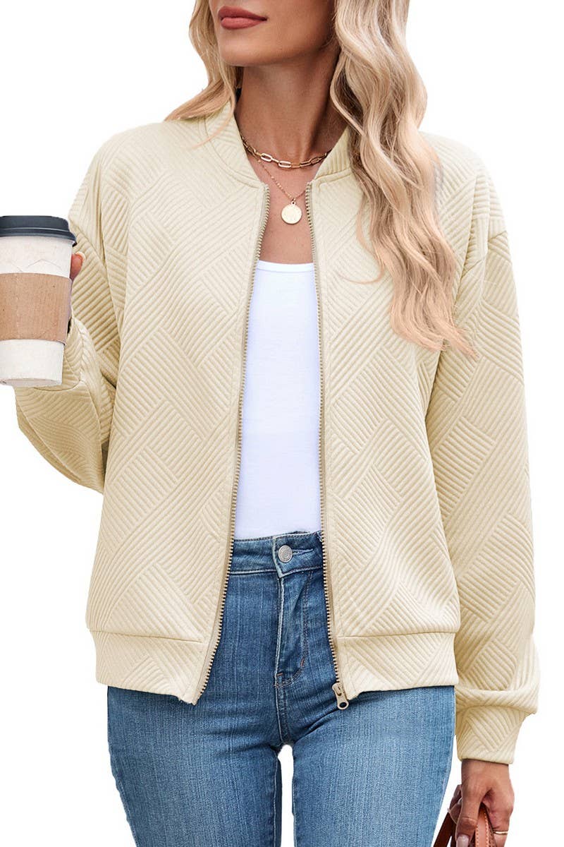 CWOCO00238_SOLID ZIP UP LONG SLEEVE CASUAL BOMBER JACKET