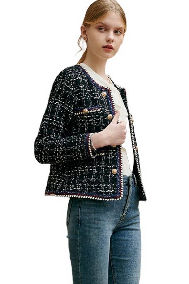 CWOCO1131_BLACK AND WHITE CHECK DOUBLE-BREASTED COATS