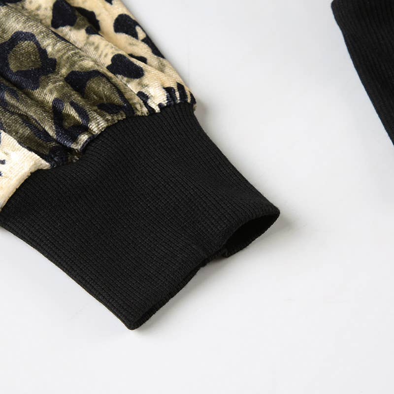 TURTLENECK RIBBED PATCHWORK LEOPARD VELVET JACKET