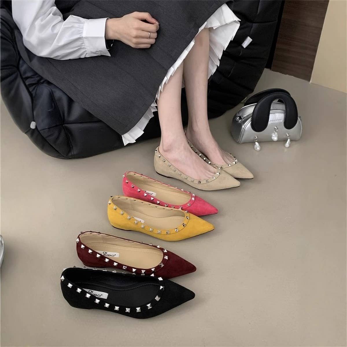 Wedge Pointed Studded Apricot Loafers